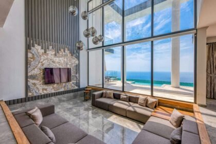 modern window trim ideas for living rooms with balconies and large glass windows